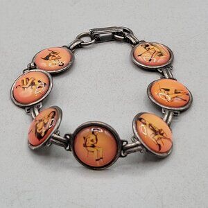 1950s Vintage Naughty Pin-Up Girl Link Bracelet Orange Convex Glass Disks